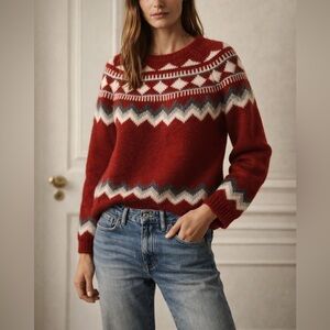 Nili Lotan Fair Isle Intarsia Adene Alpaca Wool Cherry Red Sweater Large